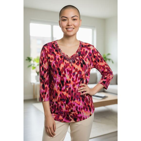 Susan Graver Womens XL Shirt Tunic Abstract Pattern Jeweled V-neckline - Picture 1 of 9